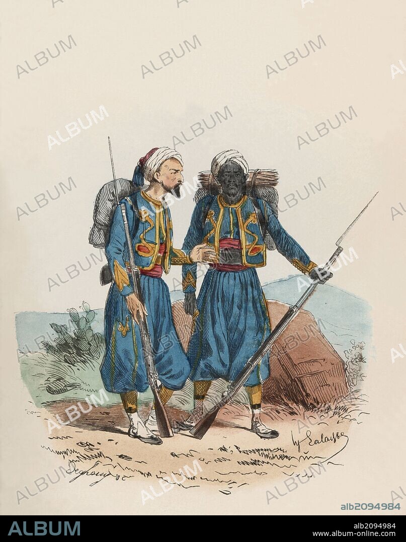 Francia. Siglo XIX. Uniforme de Arma de África. Tiradores indígenas, año 1855. Grabado de 1864.