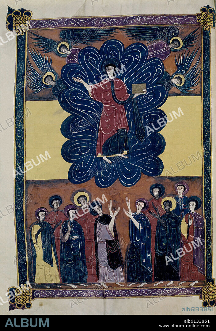 BEATO DE LIÉBANA. COMENTARIOS APOCALIPSIS, EL SEÑOR ENTRE NUBES SE MANIFIESTA A LAS TRIBUS DE LA TIERRA-PROCEDE SAN ISIDORO DE LEON  AÑO1047- VITR. 014-002- FOL. 43V.