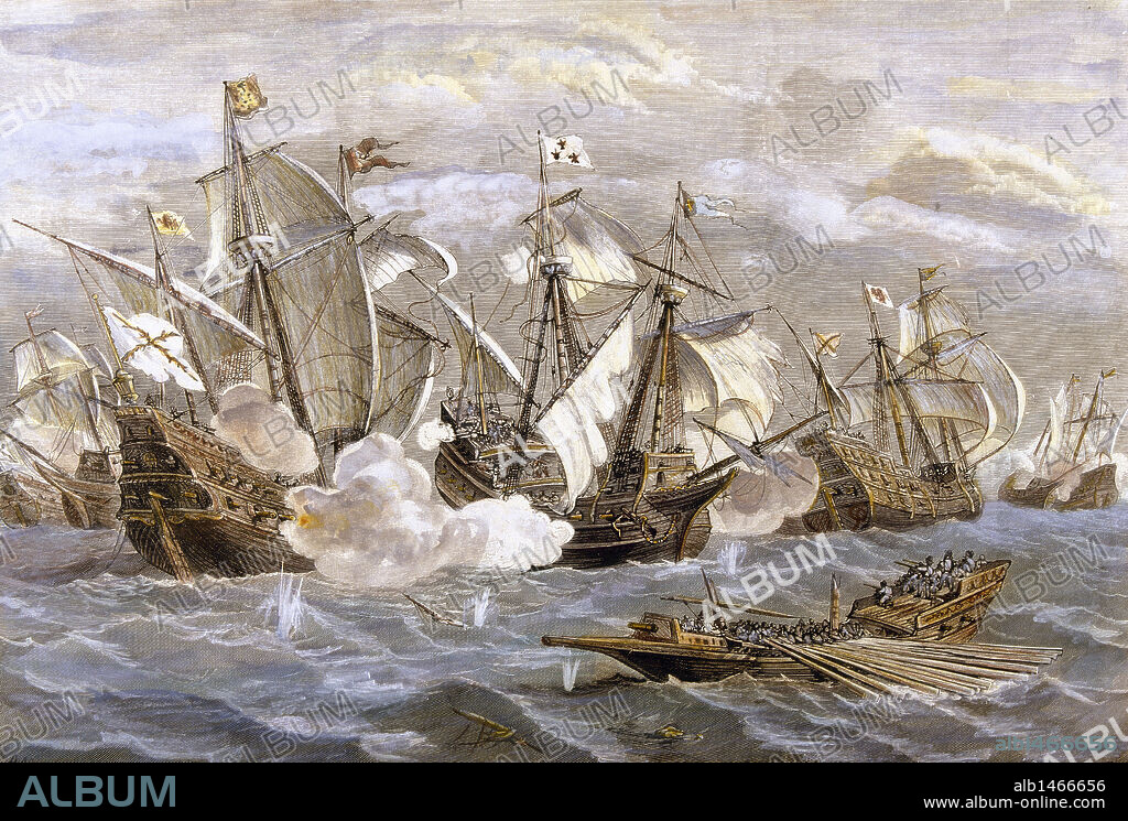 DERROTA DE LA ESCUADRA FRANCESA POR DON ALVARO DE BAZAN (1536-1588), EN AGUAS DE LAS ISLAS TERCERAS (AZORES) EL 26 DE JULIO DE 1582. S. XVI. Grabado.