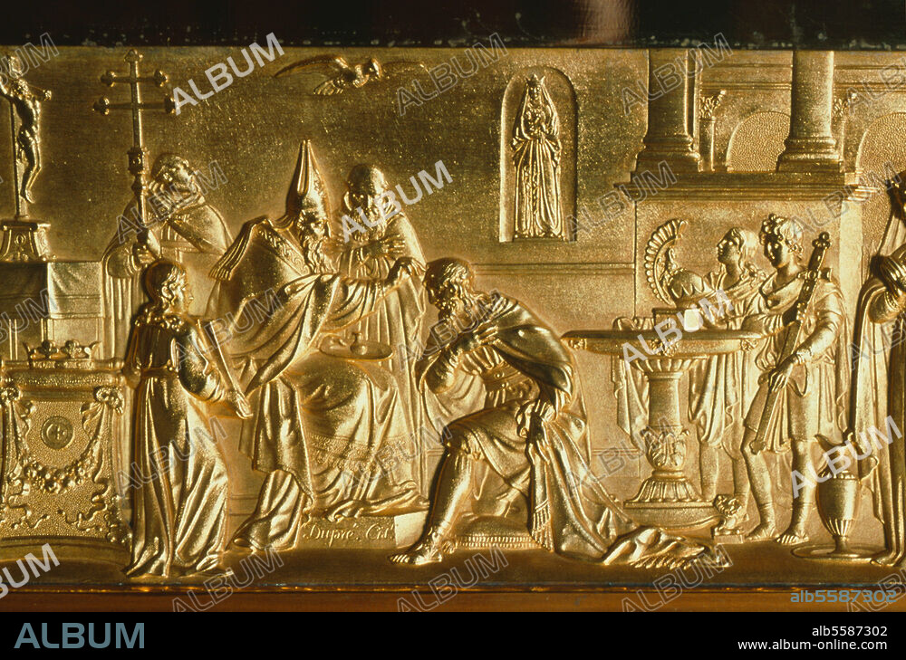 Clovis I, King of the Franks, from the house of the Merovings; c. 466 - 511. - The Baptism of Clovis (496 or 506; Bishop Remigius of Reims baptises Clovis). Detail from the "Sainte Ampoule" reliquary, belonging to the coronation regalia of Charles X of France. Goldsmithery, 1820, by J.C. Cahier, student of Biennais. Reims, Palais du Tau.