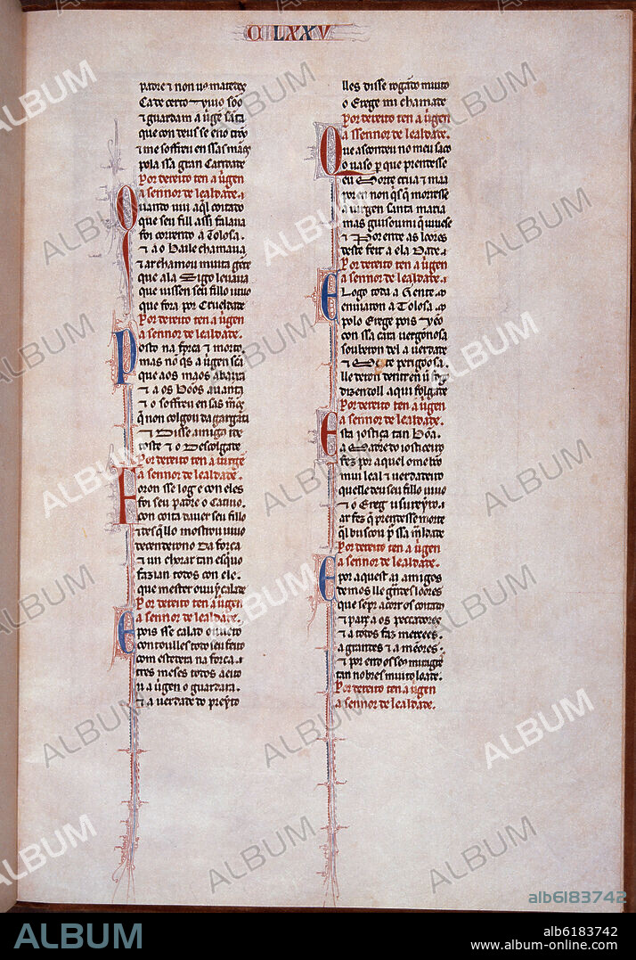 ALFONSO X DE CASTILLA EL SABIO. MTI1 - CANTIGA DE SANTA MARIA Nº 175 - F232R - TEXTO - ESTROFA EN VERSO GALAICO PORTUGUES - SIGLO XIII.