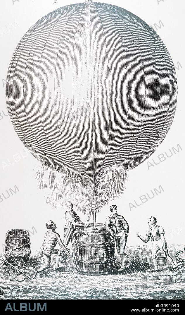 Engraving depicting Jacques Charles, with the help of the Robert Brothers filling his balloon with hydrogen. Jacques Charles (1746-1823) a French inventor, scientist, mathematician, and balloonist. Dated 18th Century.