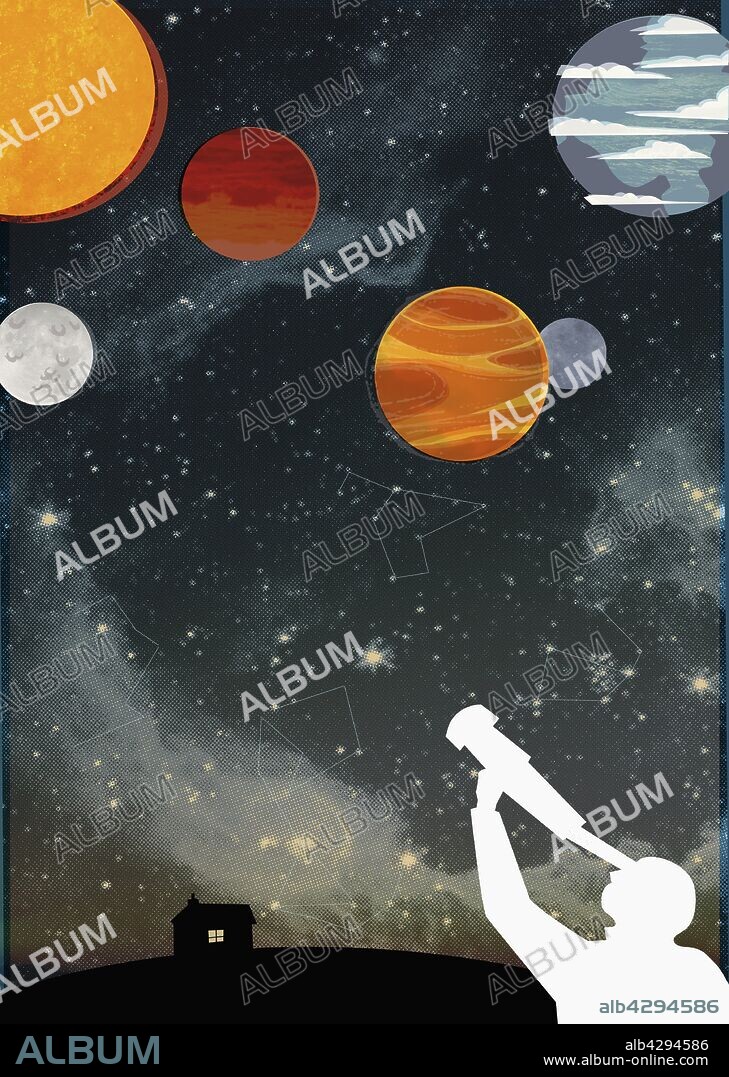Silhouette of man with telescope looking up at star constellations and multicolored planets.