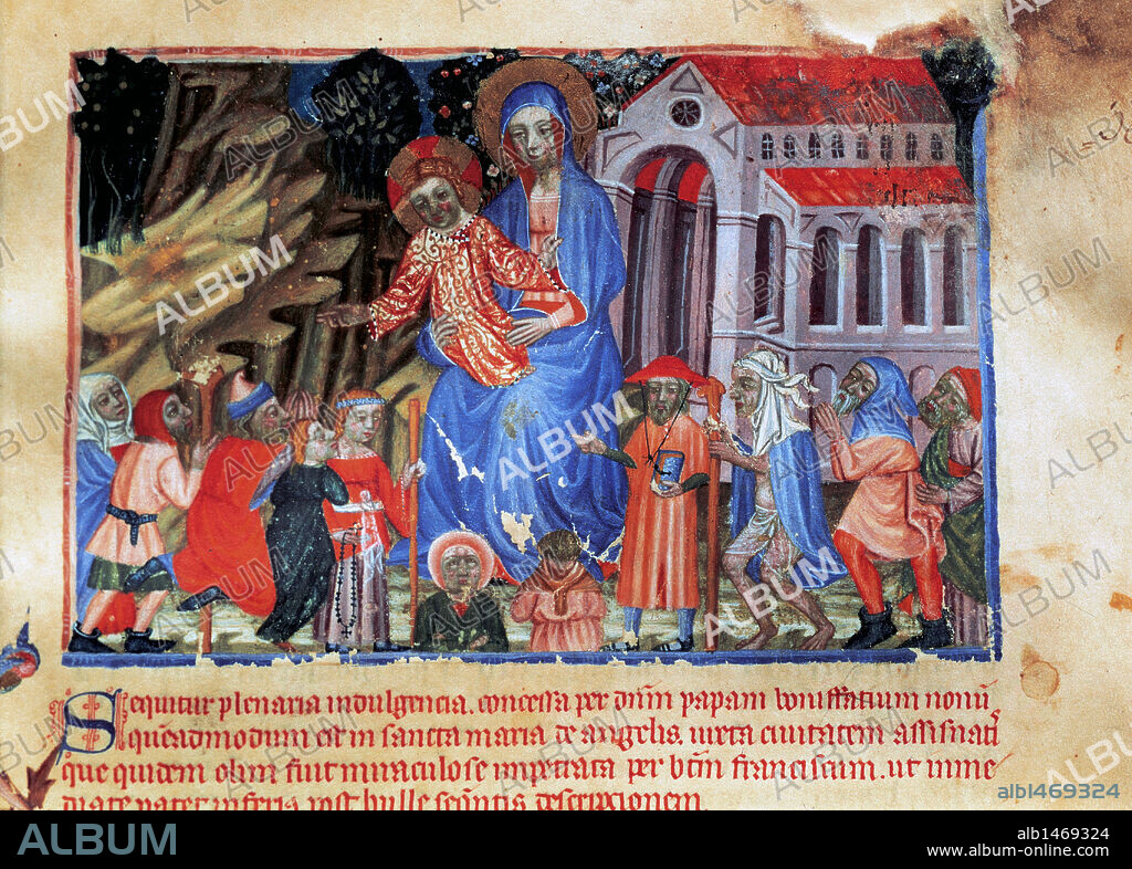 ARTE GOTICO. ESPAÑA. SS. XIV-XV. "LLIBRE VERMELL". Pergamino. Manuscrito completo del antiguo "scriptorium montserratense". Miniatura con la representación de la VIRGEN Y EL NIÑO, una BASILICA y PEREGRINOS. Biblioteca del Monasterio de Montserrat. Provincia de Barcelona. Cataluña.
