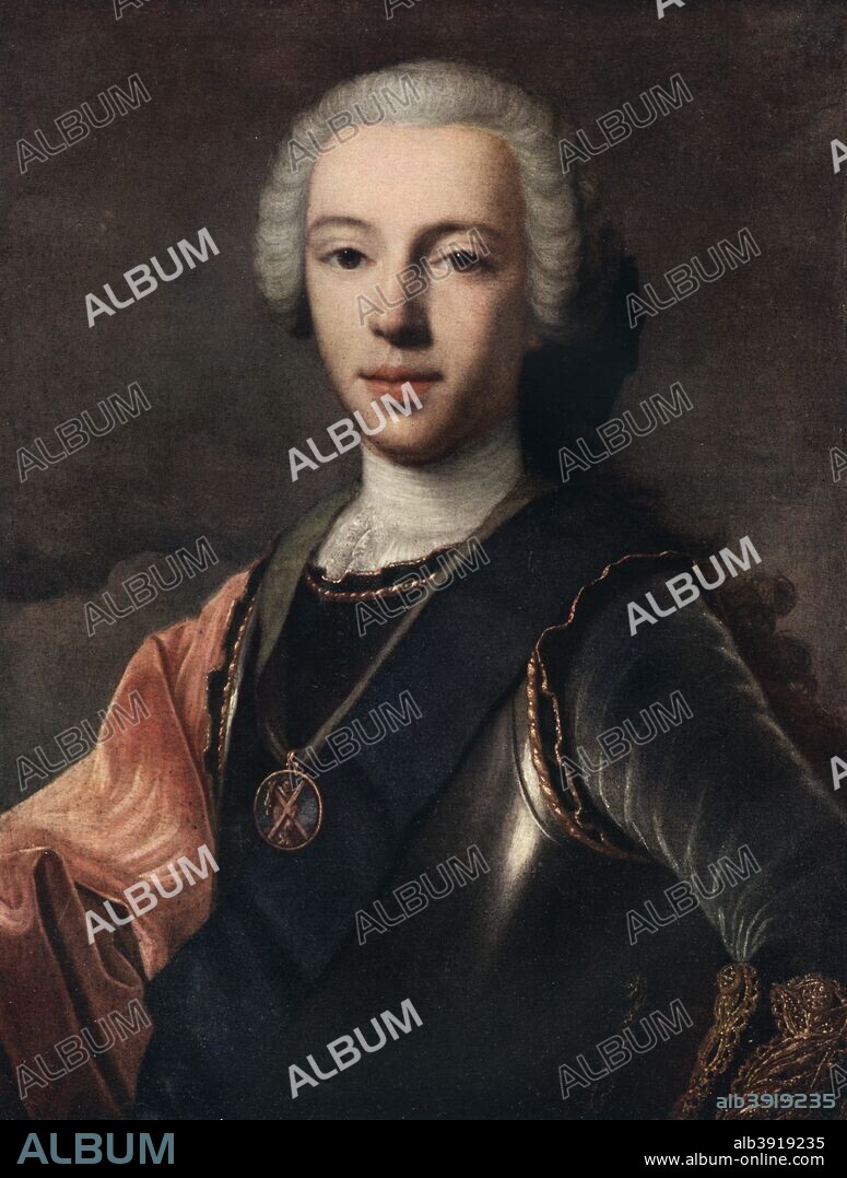 'Prince Charles Edward Stuart', 18th century (1912). Also known as Bonnie Prince Charlie and the 'Young Pretender', Charles Edward Stuart (1720-1788) was the last serious Stuart claimant to the British throne and leader of the unsuccessful Jacobite rebellion of 1745-1746. Charles's grandfather was the exiled Roman Catholic king James II, and his father, James Edward, the Old Pretender, affected in exile the title King James III. Charles was reared a Catholic and trained in the arts of war. He was forced to flee into exile after the disastrous defeat of the Scots at Culloden on 16 April 1746. A print from The Connoisseur', London, 1912.