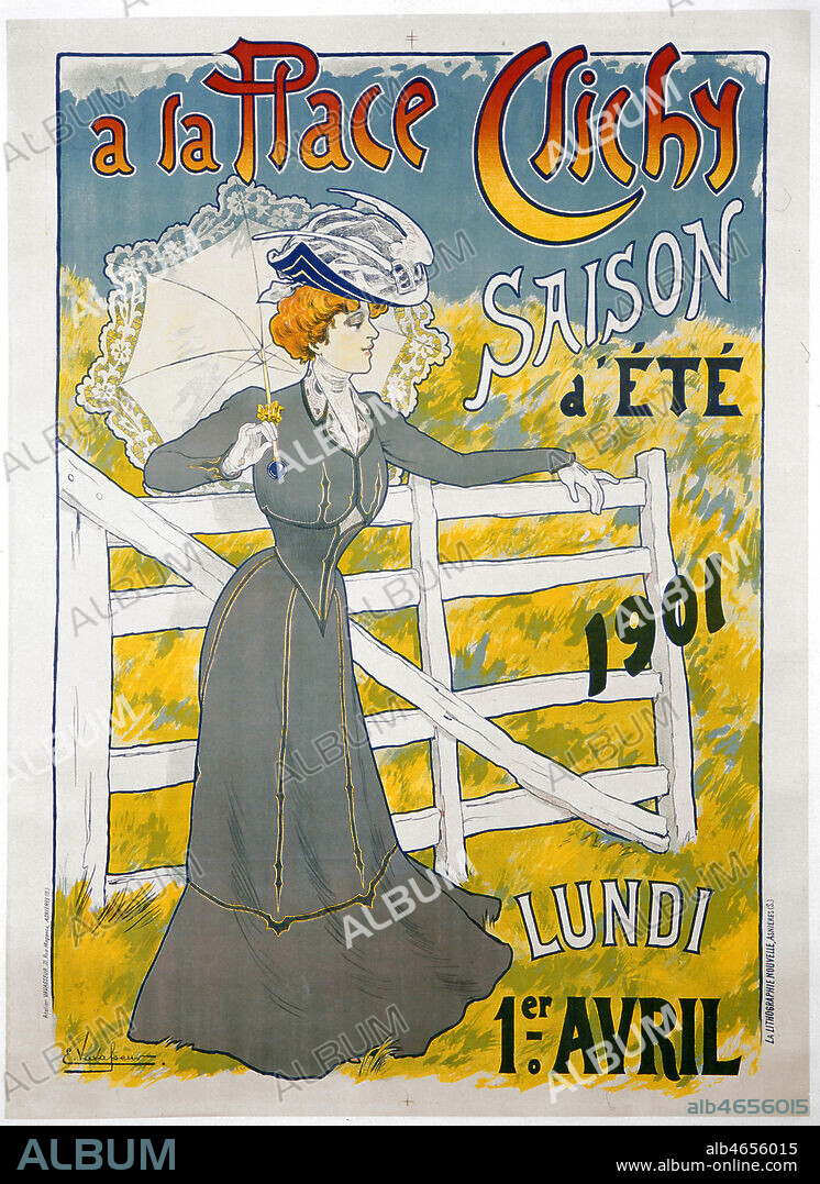 Femme appuyee contre une barriere. Affiche d'Eugene VAVASSEUR (1863-1949) de 1901 pour le magasin 'A la place Clichy' et sa 'saison d'ete 1901' (95x129 cm). Credit : Coll. Galdoc-Grob/KHARBINE-TAPABOR.