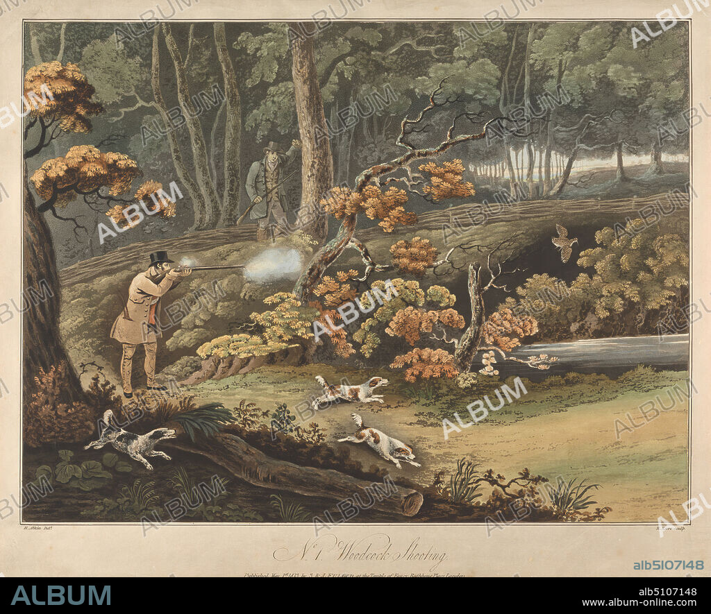 Plate 1. Woodcock Shooting, Richard Gilson Reeve, 18031889, after Henry Thomas Alken, 17851851, British, 1813, Aquatint, hand-colored, Sheet: 13 5/8 x 18in. (34.6 x 45.7cm).
