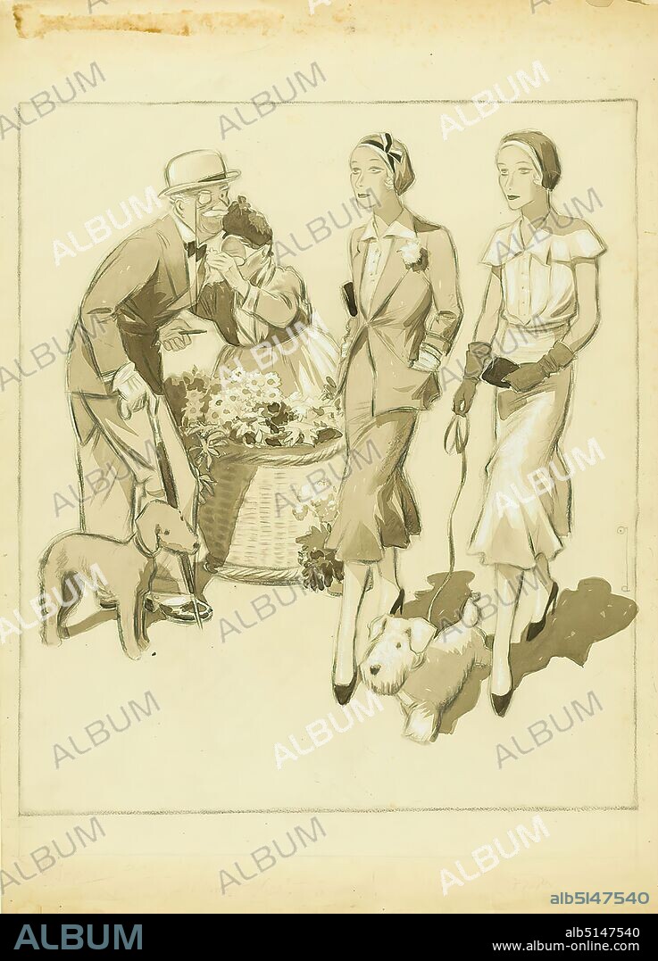 Ernst Dryden, Walking, Paper, Pencil, Covering watercolor, Gouache, Drawing, Gouche over lead, Total: Height: 64 cm; Width: 45,3 cm, monogrammed: recto bottom right: d, Illustrations, Fashion, Fashion, Clothing, Women's wear, Dog, Man and animal, Pets, Walking, Men's wear, Eyeglasses, Glasses, Flowers, Street hawkers.