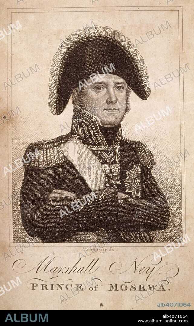 NEY, MICHEL, DUC D'ELCHINGEN et J KENNERLY. Michel Ney ( 1769 - 1815 ), Prince of Moskwa. French Napoleonic General and Marshal. Known as the Bravest of the Brave. After fighting for Napoleon at the Battle of Waterloo, he was condemned for high treason and shot by firing squad. Trial of Marshal Ney for high treason taken in short-hand at the time of trial. E. Cox & Son, London , 1816. Michel Ney ( 1769 - 1815 ), Prince of Moskwa. French Napoleonic General and Marshal. Known as the Bravest of the Brave. After fighting for Napoleon at the Battle of Waterloo, he was condemned for high treason and shot by firing squad. Image taken from Trial of Marshal Ney for high treason taken in short-hand at the time of trial. Originally published/produced in E. Cox & Son, London , 1816. Source: 10666.aa.35, frontispiece.