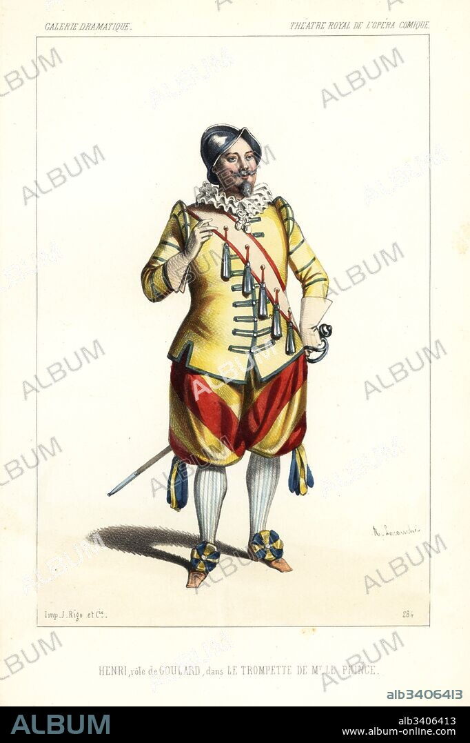 French baritone opera singer Louis Henry or Achille Deshayes as Goulard in Le Trompette de M. Le Prince by Francois Bazin, Theatre Royal de l'Opera Comique, 1846. Handcoloured lithograph after an illustration by Alexandre Lacauchie from Victor Dollet's Galerie Dramatique: Costumes des Theatres de Paris, Paris, 1846.