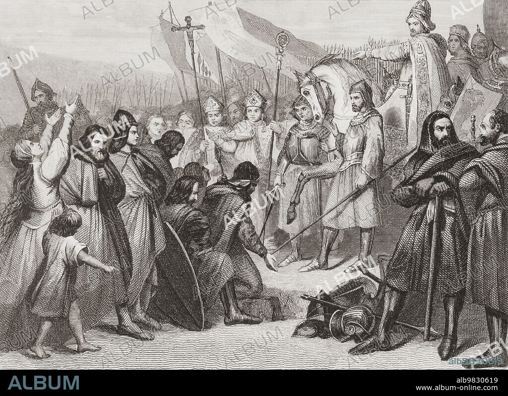 The Battle of Guadalete, 711 AD. The Muslim Umayyad Caliphate, defeated the Christian Visigoths. From Las Glorias Nacionales, published in Madrid and Barcelona, 1852. The picture shows King Roderic fighting a Muslim soldier.