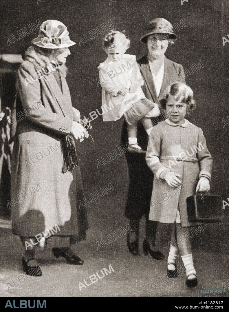 Princess Elizabeth of York and her sister Princess Margaret Rose with their nannies, left, Clara Knight, known as 'Allah' and right Margaret 'Bobo' Macdonald in 1932. Princess Elizabeth of York, future Elizabeth II,  born 1926. Queen of the United Kingdom. Princess Margaret, future Countess of Snowden, 1930 - 2002. Younger daughter of King George VI and Queen Elizabeth of the United Kingdom and sister of Queen Elizabeth II.  From The Coronation Book of King George VI and Queen Elizabeth, published 1937.