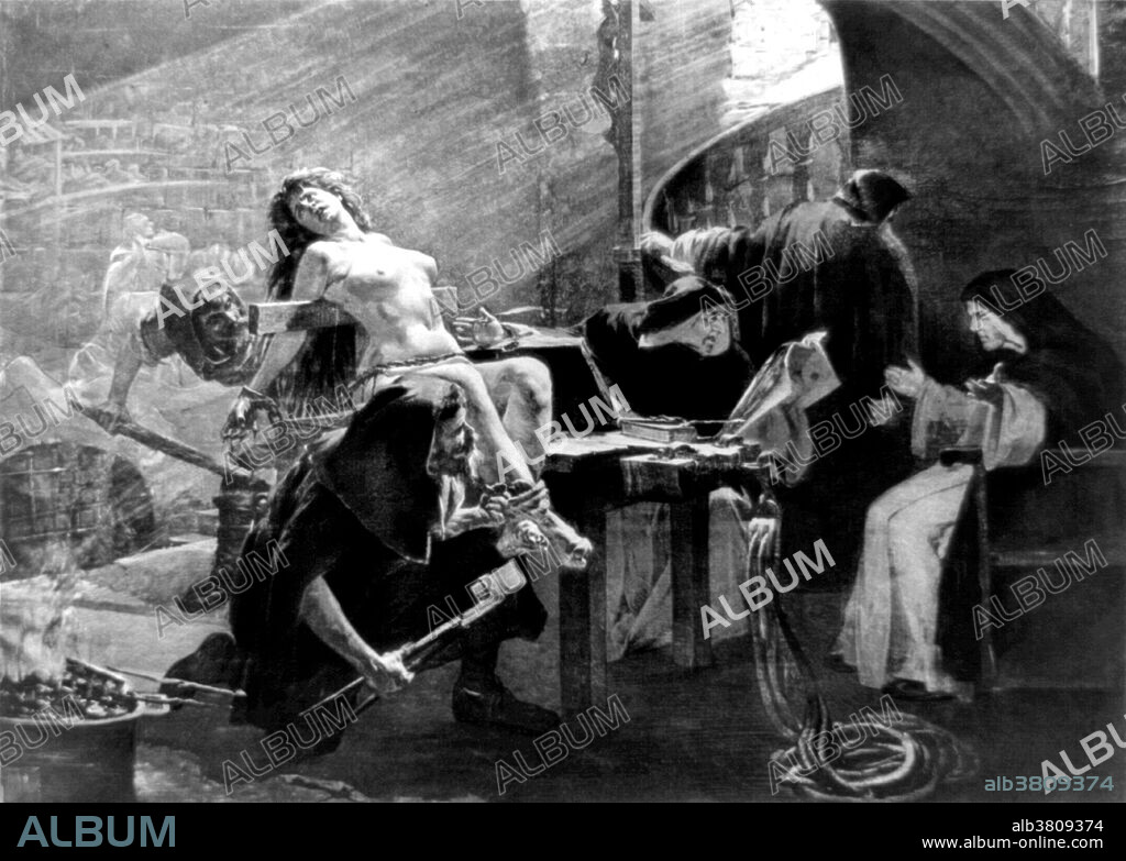 Entitled: "A Martyr of Fanaticism". Naked young women being brutally tortured by Spanish Inquisition. The Spanish Inquisition was established in 1480 by Catholic Monarchs Ferdinand II of Aragon and Isabella I. It was intended to maintain Catholic orthodoxy in their kingdoms and to replace the Medieval Inquisition, which was under Papal control. The Inquisition was originally intended primarily to ensure the orthodoxy of those who converted from Judaism and Islam. The regulation of the faith of the newly converted was intensified after the royal decrees issued in 1492 and 1502 ordering Jews and Muslims to convert or leave Spain. The Spanish Inquisition is often cited in popular literature and history as an example of Catholic intolerance and repression, and was not abolished until 1834, during the reign of Isabella II. Although records are incomplete, about 150,000 persons were charged with crimes by the Inquisition and about 3,000 were executed. Photogravure after Jose Brito, G. Barrie & Son, 1901.