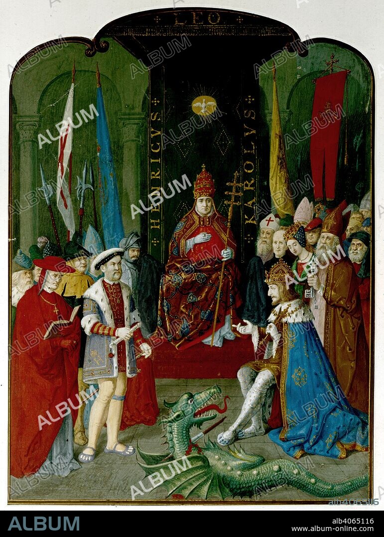 Henry VIII, Charles V and Leo X. Italy; early 16th century. (Whole cutting) King Henry VIII disputing with the Emperor Charles V before Pope Leo X. Henry holds a roll, which may be the bull of 1521 granting him the title 'Defender of the Faith'. He is supported by a cardinal, possibly Wolsey, who holds an open book. In the foreground is a dragon transfixed by a spear-head.  Originally published/produced in Italy; early 16th century. . Source: Add. 35254 S,.