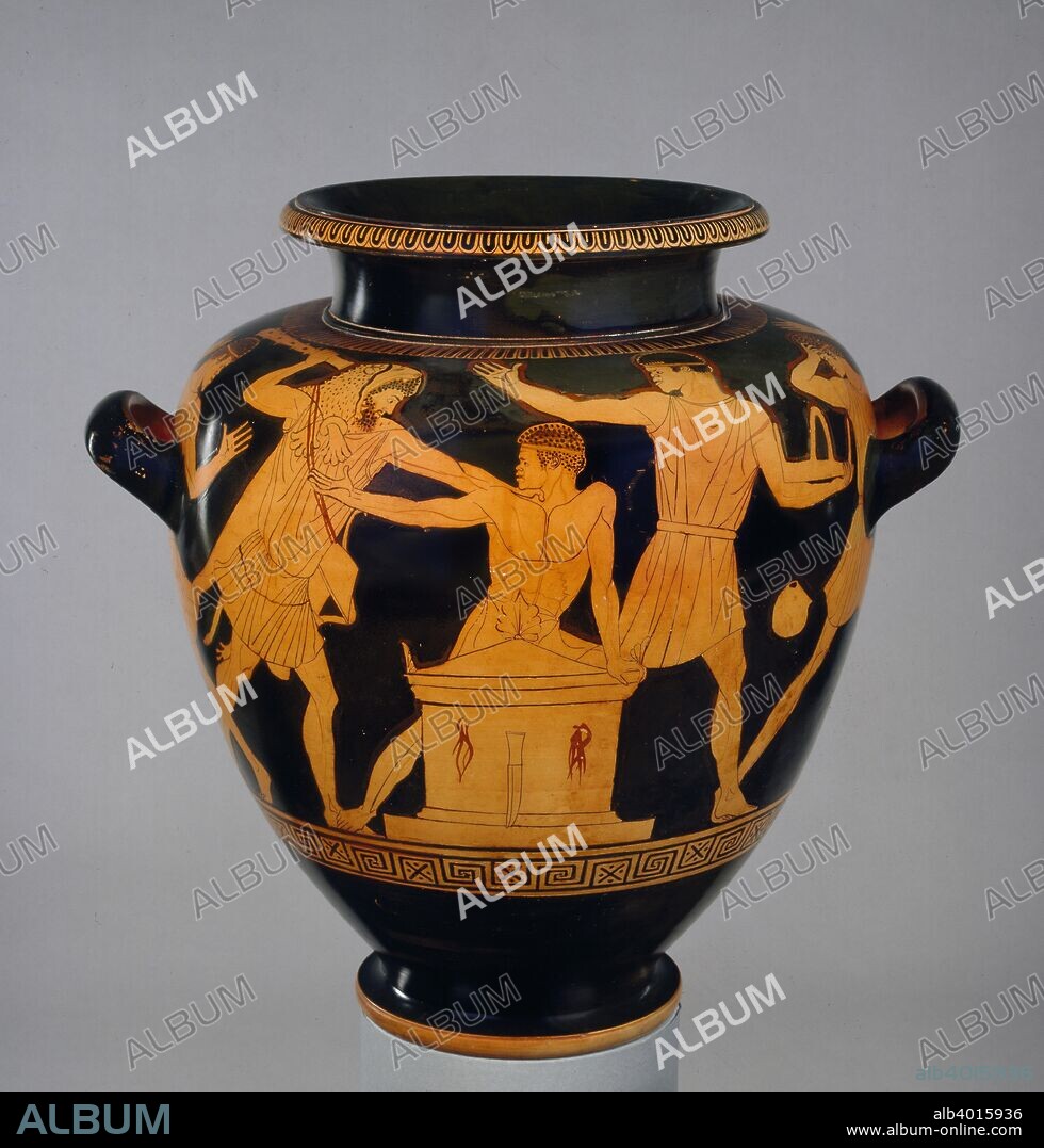 Attic red-figure stamnos showing Heracles and Busiris, c460 BC. Athenian red-figure pottery. Dimensions: height: 36.5 cm.