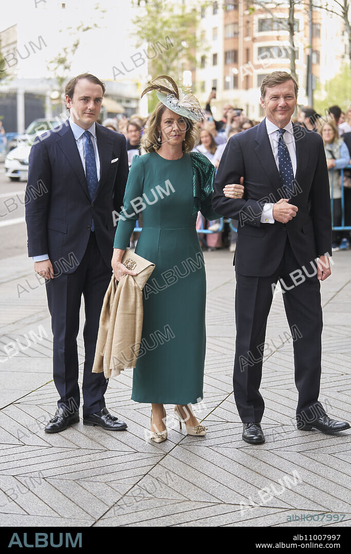 Pedro de Borbon-Dos Sicilias and Orleans, Duke Of Calabria, Sofia Landaluce and Melgarejo, Prince Jaime, Duke of Noto arrives at the wedding of Jose Luis Martinez Almeida, major of Madrid, and Teresa Urquijo at Sagrado Corazon and San Francisco de Borja Church on April 6, 2024 in Madrid, Spain.