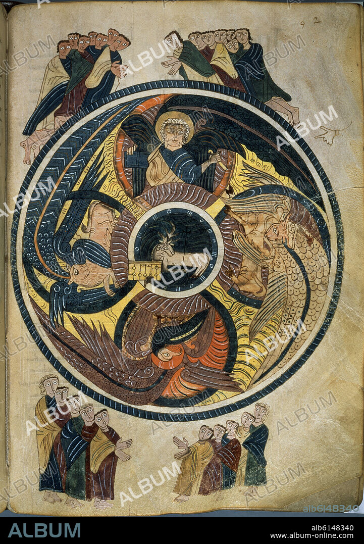 BEATO DE LIÉBANA. COMENTARIOS AL APOCALIPSIS,  SIGLO X-CODICE 33 - VISION DEL CORDERO, TETRAMORFOS Y ANCIANOS - PROCEDENTE DE SAN MILLAN DE LA COGOLLA - FOLIO 92 R.