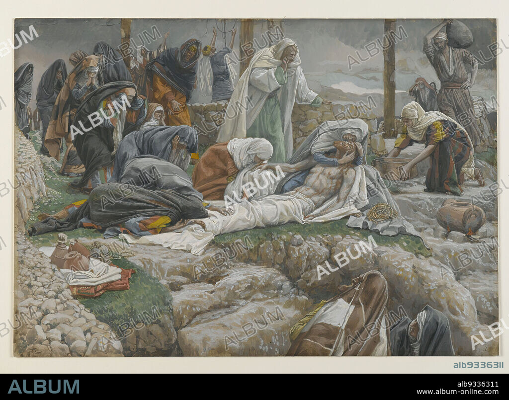 The Holy Virgin Receives the Body of Jesus, La Sainte Vierge reçoit le corps de Jésus, The Life of Our Lord Jesus Christ, La Vie de Notre-Seigneur Jésus-Christ, James Tissot, French, 1836-1902, Opaque watercolor over graphite on gray wove paper, France, 1886-1894, Image: 10 5/8 x 15 1/16 in., 27 x 38.3 cm, bible, Biblical, Body of Jesus, burial, Catholicism, Christ, Christianity, corpse, death, French, golgotha, grief, jerusalem, jesus, Mary, mourning, New Testament, Religion, Religious, Tissot, women.