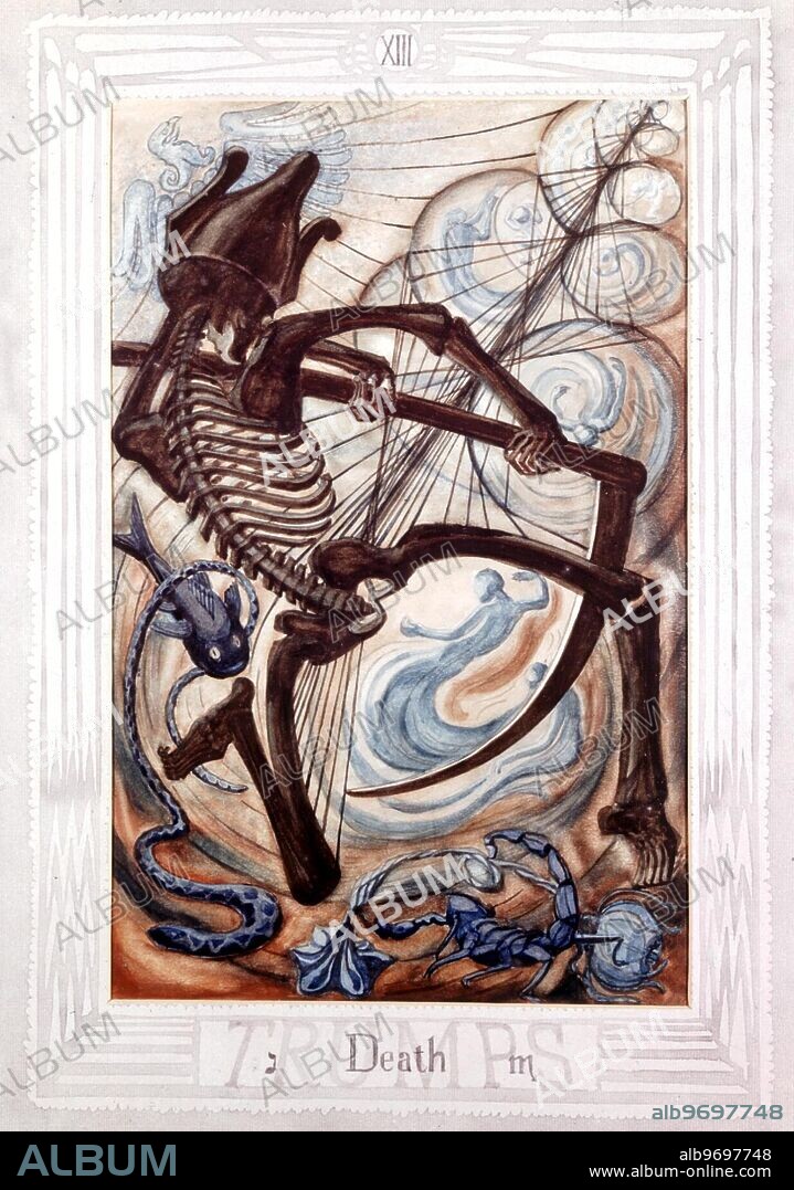 Tarot card - Death showing a skeleton with a scythe. painted by Lady Frieda Harris.