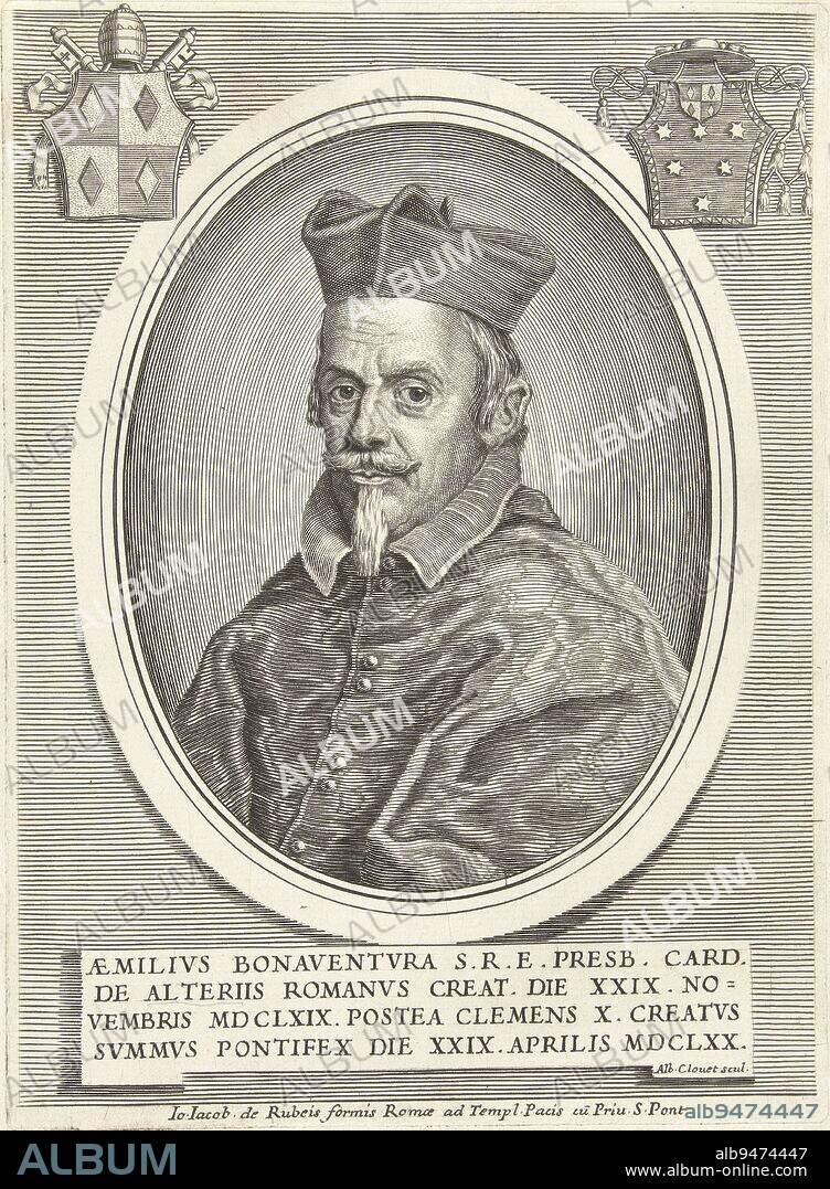 Portrait in oval frame of Pope Clement X, at that time Cardinal Emilio Bonaventura Altieri Bust to the left Top left the coat of arms of Pope Clement IX, top right the coat of arms of Cardinal Emilio Bonaventura Altieri The print has a Latin caption with details of the person portrayed, Portrait of Cardinal Emilio Bonaventura Altieri Portraits of Cardinals Effigies cardinalium nunc viventium , print maker: Albertus Clouwet, (mentioned on object), Albertus Clouwet, publisher: Giovanni Giacomo de'Rossi, (mentioned on object), Rome, 1669 - 1679, paper, engraving, h 202 mm × w 147 mm.
