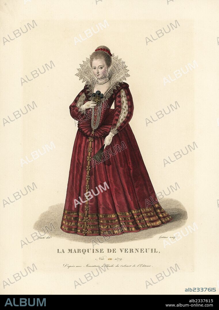 Catherine Henriette de Balzac d'Entragues, Marquise de Verneuil, mistress of King Henry IV of France, 1579-1633. After a miniature oil painting. Handcoloured copperplate engraving by Gatine after an illustration by Louis Marie Lante from Pierre de la Mesangere's "Costumes des femmes celebres" (Costumes of Famous Women), Paris, 1827.