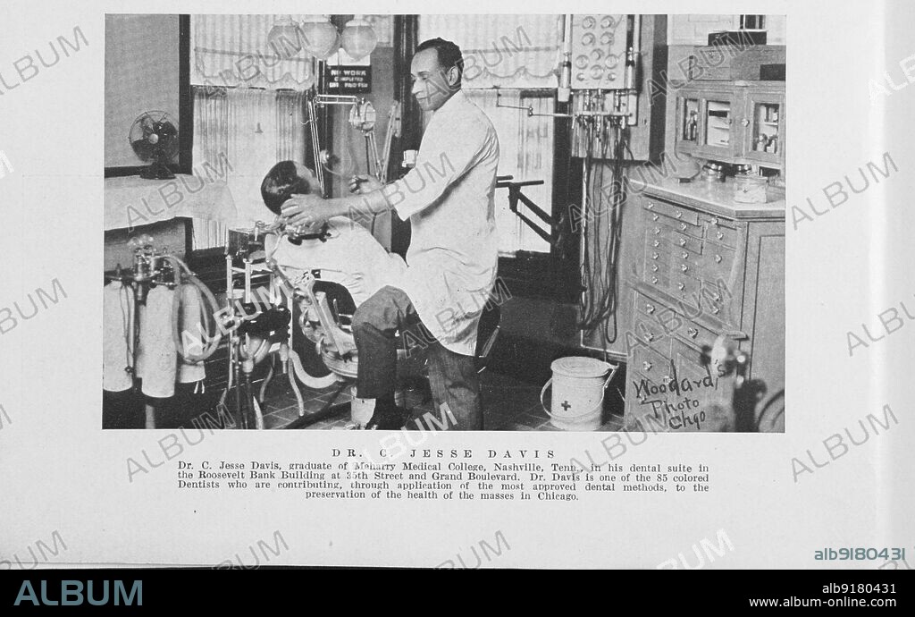 Dr. C. Jesse Davis, graduate of Meharry Medical College, Nashville, Tenn., in his dental suite in the Roosevelt Bank building at 35th Street and Grand Boulevard, 1925.