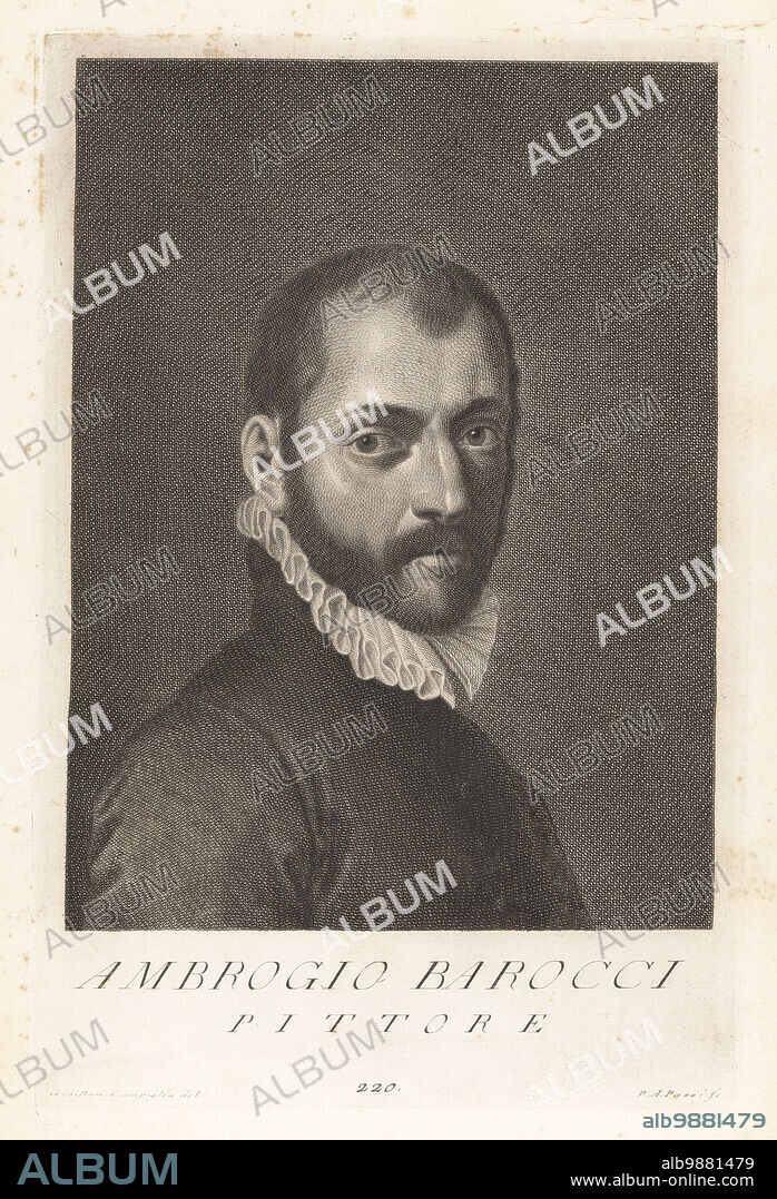 Ambrogio Barocci or Ambrogio da Milano, Italian sculptor, architect and decorator, fl. 1470s. From Milan, worked in San Michele in Isola, San Giobbe and San Salvador churches in Venice. Ambrogio Barocci, Pittore. Copperplate engraving by Pietro Antonio Pazzi after Giovanni Domenico Campiglia after a self portrait by the artist from Francesco Moucke's Museo Florentino (Museum Florentinum), Serie di Ritratti de Pittori (Series of Portraits of Painters) stamperia Mouckiana, Florence, 1752-62.