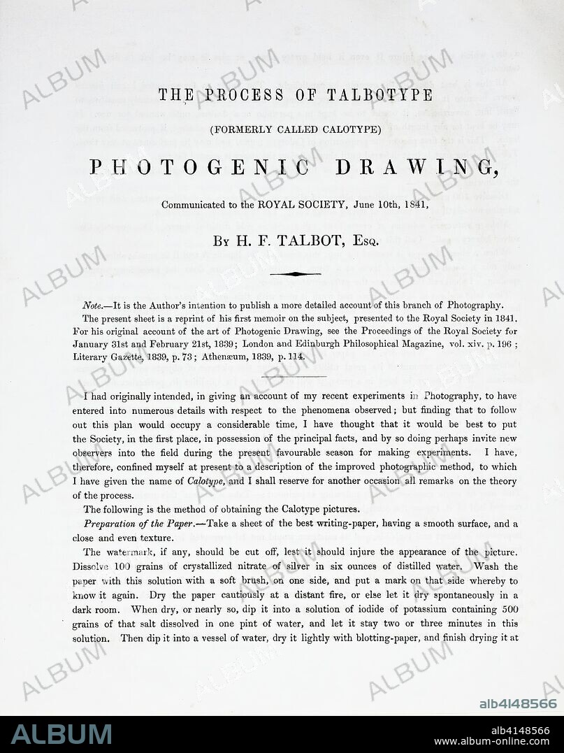 The Process of Talbotype (formerly called Calotype) Photogenic Drawing. William Henry Fox Talbot; English, 1800-1877. Date: 1841. Dimensions: 22.5 × 18 cm. Four pages of unbound text (approximately 2500 words), printed by J. & H. Cox Brothers. Origin: England.