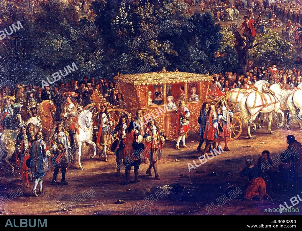 The entry of Louis XIV and Marie-Therese into Arras, 30 July 1667. Detail from a painting by Antoine van der Meulen for Marly. The King, with his brother, follows the coach with the Queen and ladies of the court.