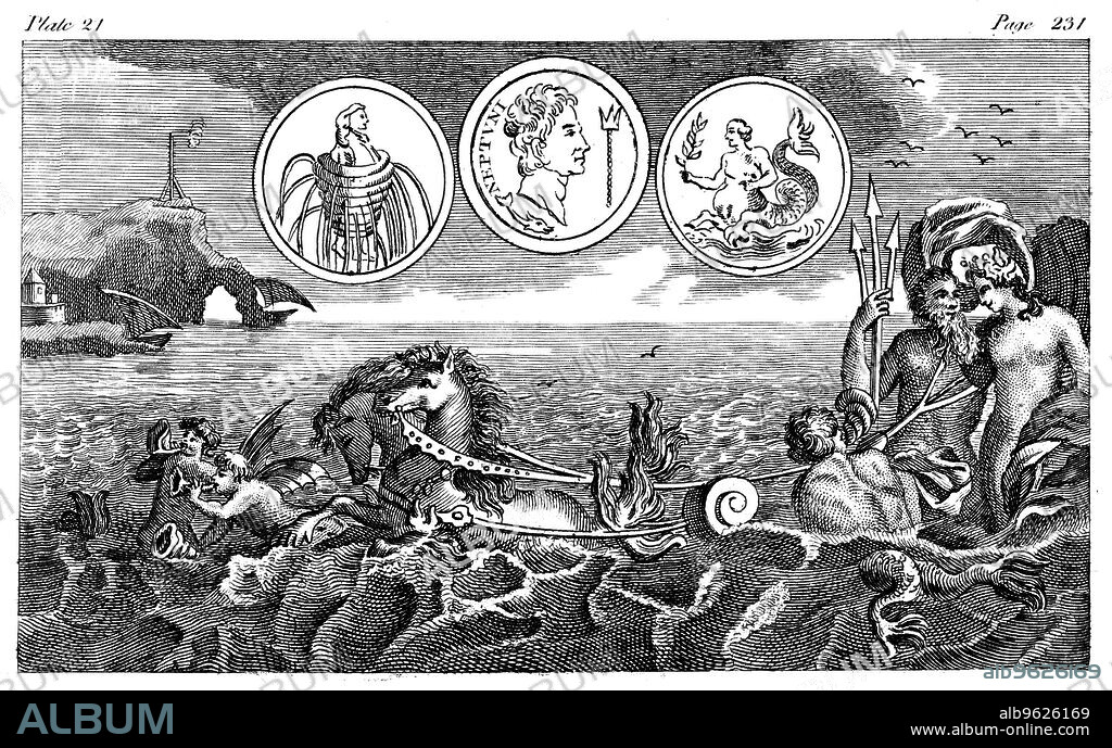Roman god Neptune, 18th century. Neptune, known as Poseidon in the Greek pantheon, holding his triple-headed spear (trident), in a chariot pulled by sea horses.