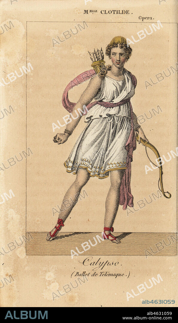 French dancer Mlle. Clotilde as Calypso in the ballet Les Aventures de Telemaque at the Opera, Paris. Handcoloured copperplate engraving from Charles Malo's Almanach des Spectacles par K. Y. Z, Chez Louis Janet, Paris, 1820.