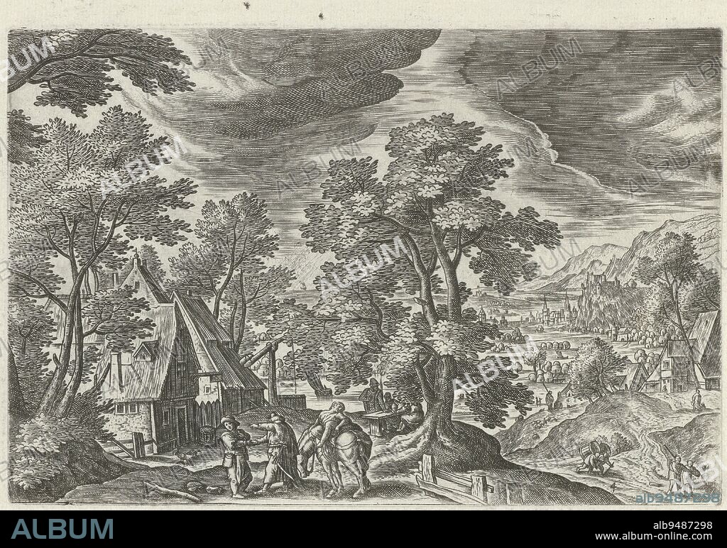 An Inn. The Good Samaritan pays an innkeeper to continue nursing the wounded traveler. The print is part of a four-part series of landscapes with scenes from the parable of the Good Samaritan, Landscape with the Good Samaritan depositing the wounded traveler at an inn Landscapes with scenes from the parable of the Good Samaritan (series title), print maker: Julius Goltzius, Hans Bol, publisher: Johannes Janssonius, Antwerp, c. 1560 - 1595, paper, engraving, h 115 mm × w 173 mm.