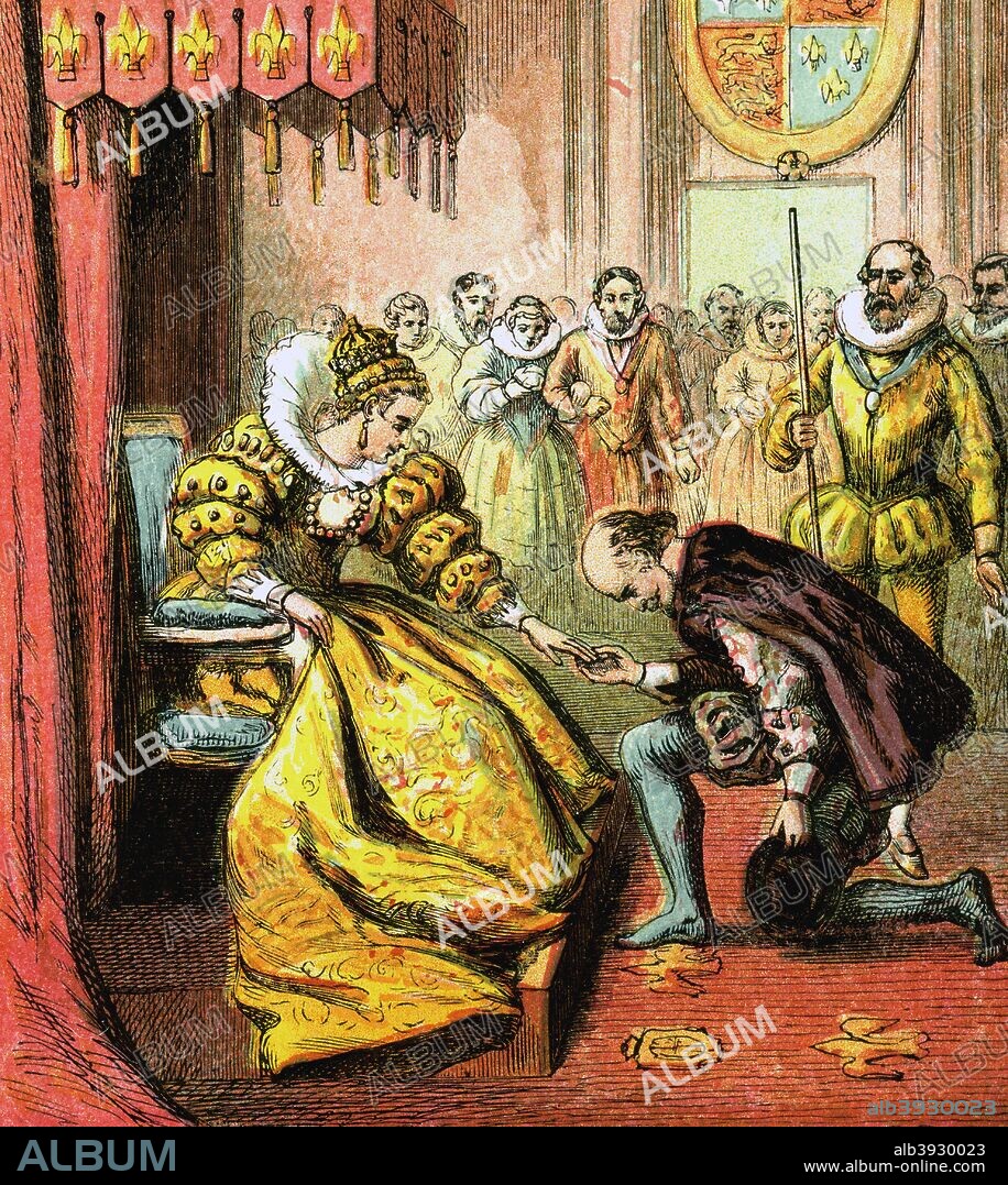 'Queen Elizabeth And Shakespeare', 16th century, (c1850). Queen Elizabeth I is said to have requested Shakespeare to read his works to her. Colour plate from Pictures of English History, published by George Routledge & Sons, (London, New York, c1850).