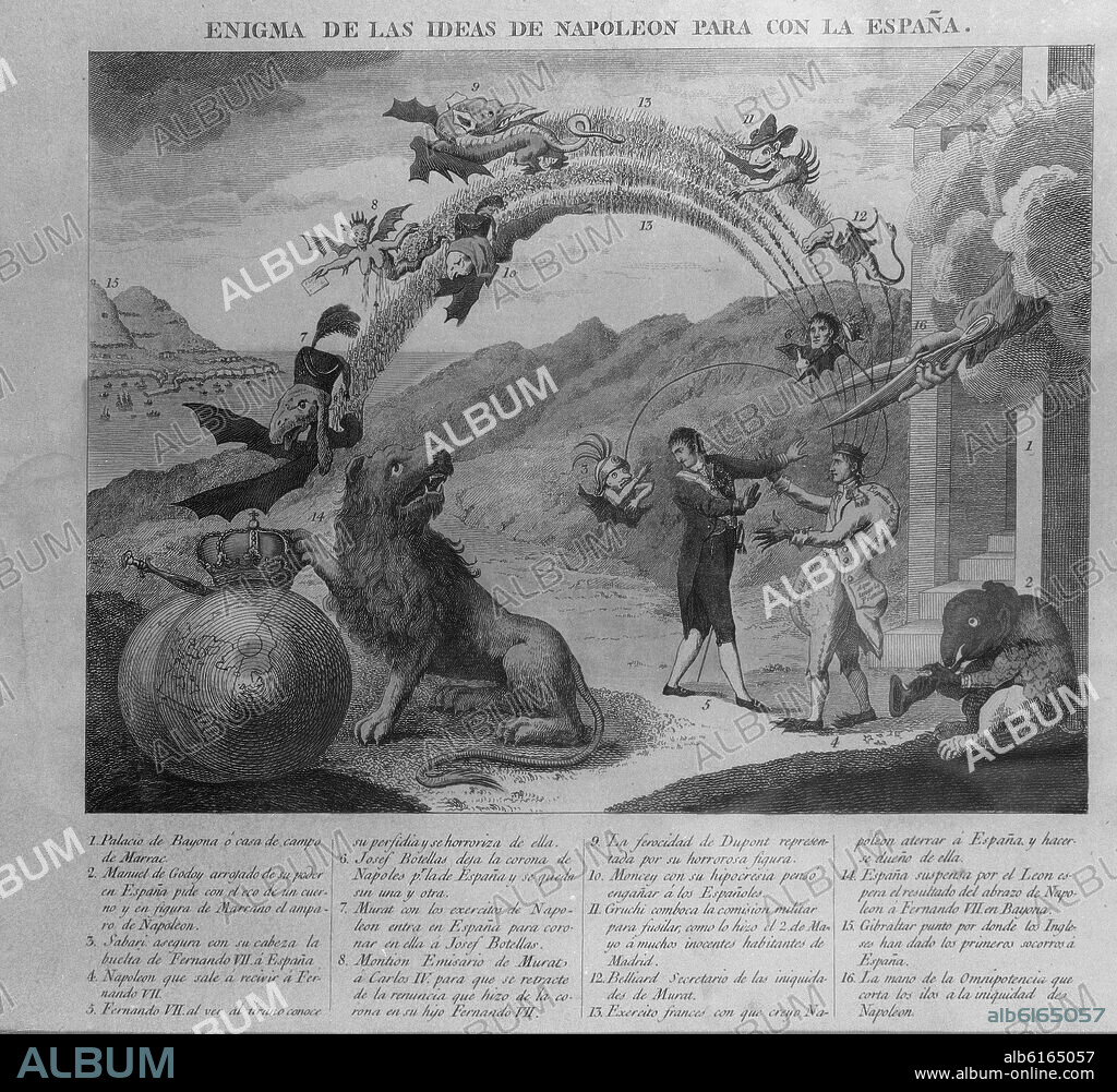 ENIGMA DE IDEAS DE NAPOLEON PARA ESPAÑA - CARICATURA DE FERNANDO VII Y PEPE BOTELLA - GRABADO SIGLO XIX.
