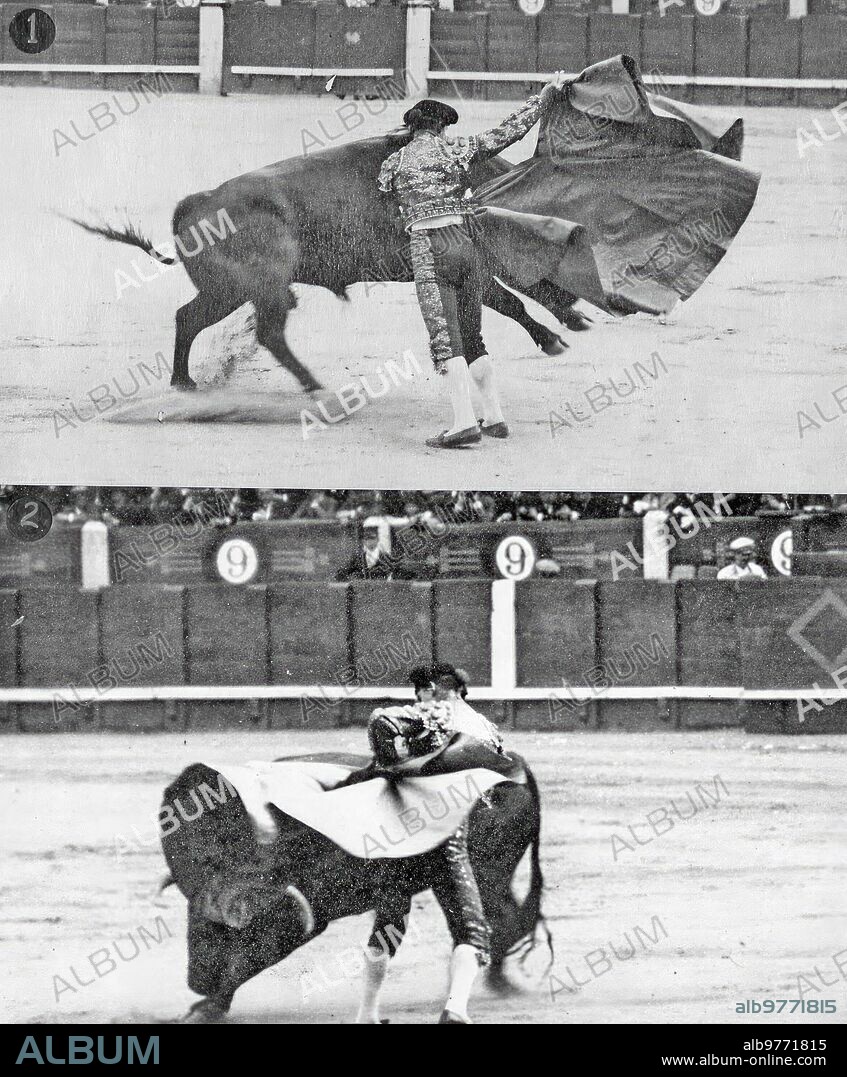 ALFONSO SÁNCHEZ PORTELA. 18 mayo 1919. Madrid. En la plaza de Toros. 1.-Fortuna Toreando de capa en su primer Toro. 2.-Varelito Rematando un quite.