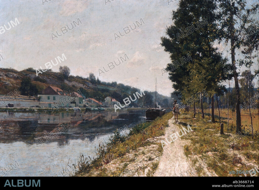 Banks of the Loing. Artist: William Lamb Picknell (1853-1897). Dimensions: 58 1/4 x 83 in. (148 x 210.8 cm). Date: ca. 1894-97.
This painting, shown at the Paris Salon of 1897, depicts the river that, channeled into a canal, flows through Moret-sur-Loing, the town near Fontainebleau, France, where Picknell and his wife settled in 1890. Among the artist's last works, it displays the firm draftsmanship, clear articulation of form, and brilliant color effects that had won him critical recognition. Within a composition based on precise perspective, Picknell applied impressionistic touches of pigment. Canvases such as this one define his stylistic position between the academicians with whom he had studied and the French Impressionists.