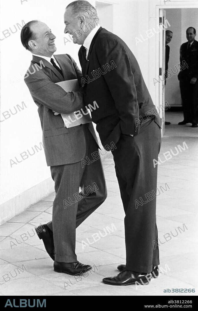President Johnson laughs with Abe Fortas. White House, Washington, DC. LBJ's ability to convince others to see things his way, vote for his legislation, serve at his command, and do what he needed them to do is so legendary that there is even a familiar description of his tactics, "the Johnson Treatment". He often used his imposing physical presence (6'4") to grab lapels, jab fingers in chests, wrap his arms on his target, and literally lean on others in order to get what he needed. The Johnson Treatment wasn't always a physical onslaught. He had an innate, often stunning ability to read the personalities of others and immediately understand exactly how to ingratiate himself with them. Abraham Fortas (June 19, 1910 - April 5, 1982) was a U.S. Supreme Court Associate Justice from 1965 to 1969. As an appointee to the Supreme Court by Johnson, Fortas maintained a close working relationship with the president, and in 1968 Johnson tried to elevate Fortas to the position of Chief Justice, but that nomination faced a filibuster at least in part due to ethics problems that later caused him to resign from the Court. Photographed by Yoichi Okamoto, July 29, 1965.