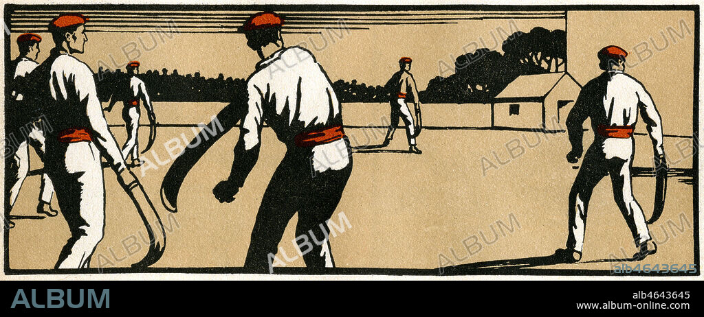 Epreuves de Pelote basque du 21 au 24 juillet au Stade de Colombes. Illustration anonyme pour une vignette tiree d'une serie sur les sports des Jeux Olympiques de 1924 a Paris. Credit : Collection Jonas/Kharbine-Tapabor.