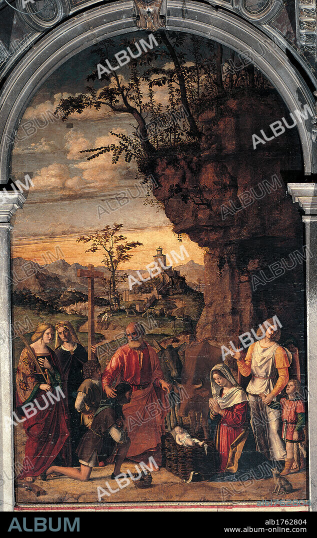 Nativity and Saints, by Giovanni Battista Cima da Conegliano known as Cima da Conegliano, 1509-1511 about, 16th Century, panel,. Italy, Veneto, Venice, Santa Maria dei Carmini Church. All. Nativity saints Madonna Jesus Child St Joseph bystanders onlookers cliff rocks trees plants path mounts fortress sky clouds red white yellow brown black green grey.