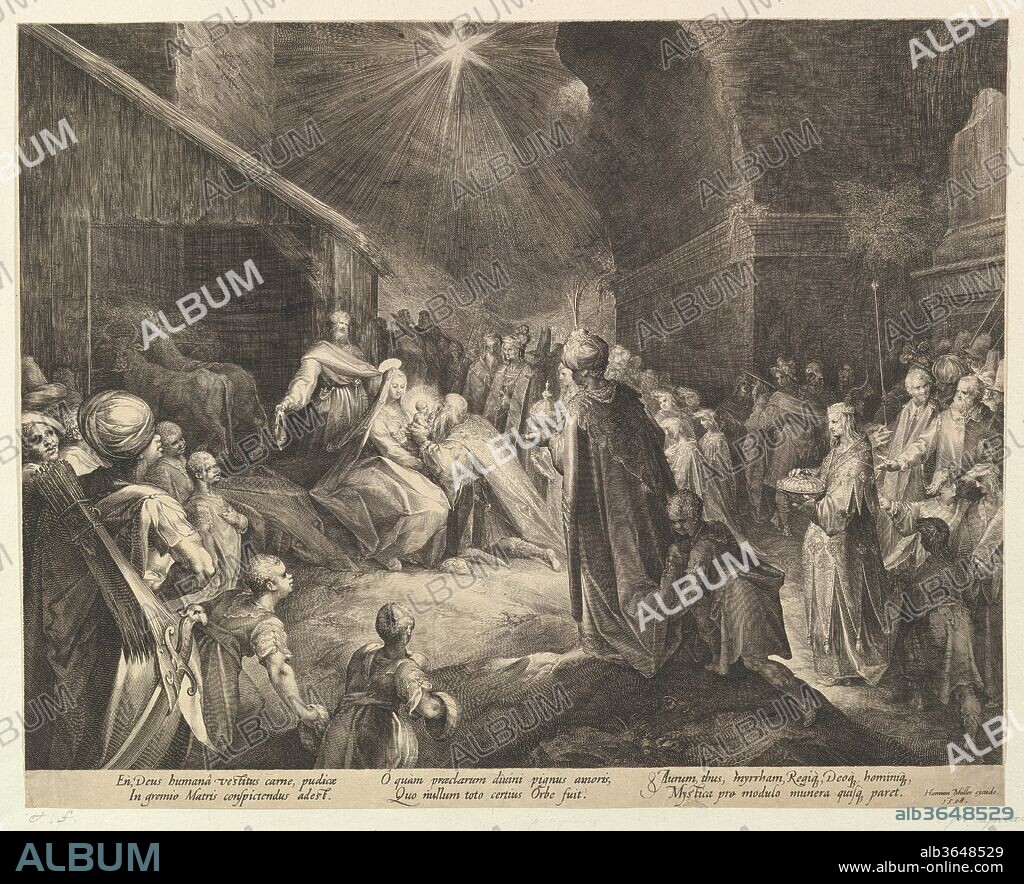 The Adoration of the Magi. Artist: Jan Muller (Netherlandish, Amsterdam 1571-1628 Amsterdam). Dimensions: 13 9/16 × 17 3/16 in. (34.5 × 43.6 cm). Publisher: Harmen Jansz. Muller (Netherlandish, Amsterdam ca. 1540-1617 Amsterdam). Date: ca. 1625.