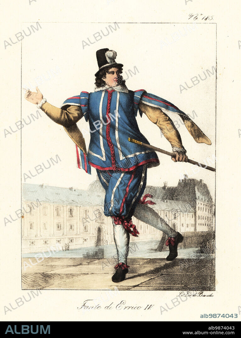 Foot valet to King Henry IV of France, circa 1600. In plumed hat, striped doublet and pumpkin breeches, hose, shoes and cane. Valet de pied du Roi, Regne de Henry IV. Handcoloured lithograph by Lorenzo Bianchi and Domenico Cuciniello after Hippolyte Lecomte from Costumi civili e militari della monarchia francese dal 1200 al 1820, Naples, 1825. Italian edition of Lecomtes Civilian and military costumes of the French monarchy from 1200 to 1820.