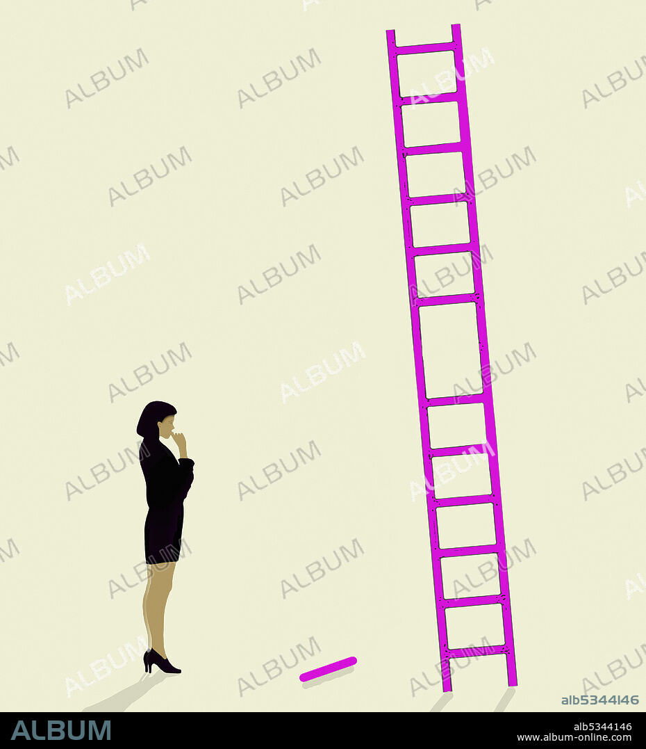 Woman at bottom of ladder with missing rung.