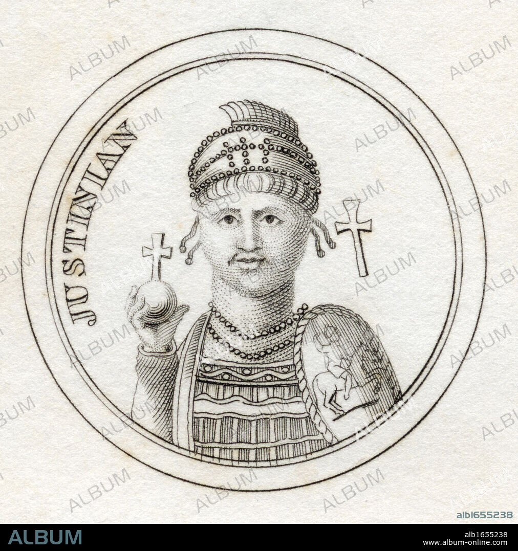 Justinian I or Justinian the Great Flavius Petrus Sabbatius Justinianus 482 - 565 Eastern Roman Emperor From the book Crabbs Historical Dictionary published 1825.