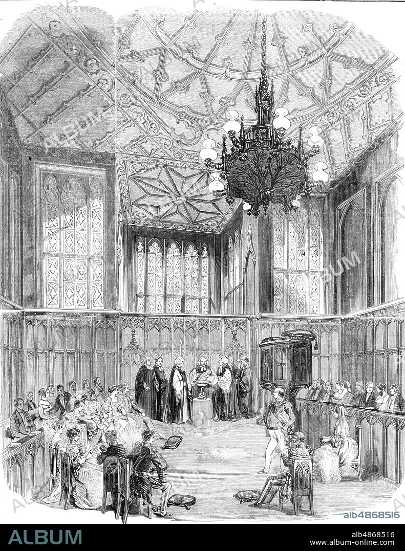 Christening of Prince Alfred in the Private Chapel, Windsor Castle, 1844. Queen Victoria's son Alfred, Duke of Saxe-Coburg and Gotha, is baptised by William Howley, Archbishop of Canterbury. From "Illustrated London News", 1844, Vol I.