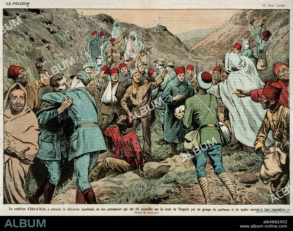 'La reddition d'Abd-el-Krim (1882-1963) a entraine la liberation immediate de ses prisonniers...'. Illustration de DAMBLANS (1865-1945) tiree du Pelerin du 13/06/1926. Credit : Collection KHARBINE-TAPABOR.