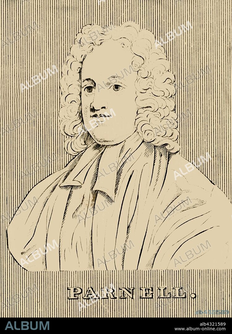 'Parnell', (1679-1718), 1830. Thomas Parnell (1679-1718) Anglo-Irish poet and clergyman, educated at Trinity College, Dublin. Friend of Alexander Pope and Jonathan Swift, member of the Scriblerus Club, he contributed to The Spectator and aided Pope in translation of The Iliad. From "Biographical Illustrations", by Alfred Howard. [Thomas Tegg, R. Griffin and Co., J. Cumming, London, Glasgow and Dublin, 1830].