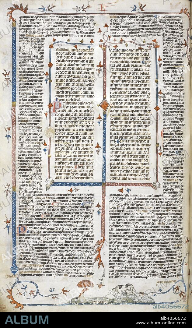 EDITOR RAYMOND OF PEÃ±AFORT and GLOSSATOR BERNARD OF PARMA. Bas de page scene of a hound with a bone. Decretals of Gregory IX with glossa ordinaria (the 'Smithfield Decretals'). France, S. (Toulouse?); last quarter of the 13th century or 1st quarter of the 14th century. Source: Royal 10 E. IV, f.64v. Language: Latin.