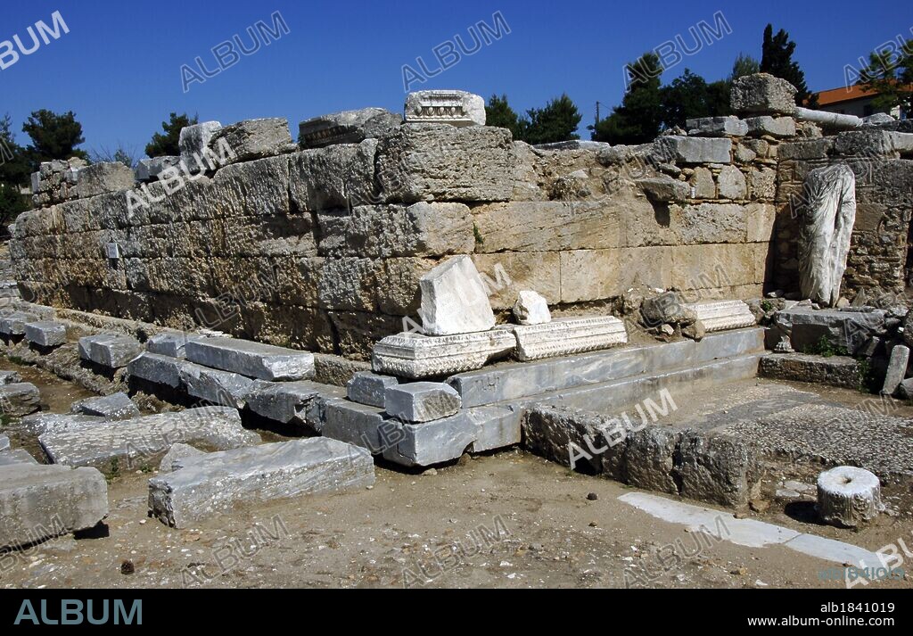 Greece. Ancient Corinth. Ruins of the Bema (altar). Said to be the site where apostle St. Paul was accused of sacrilege by the Jews of Corinth. Dated 1st century AD. Peloponnese region.