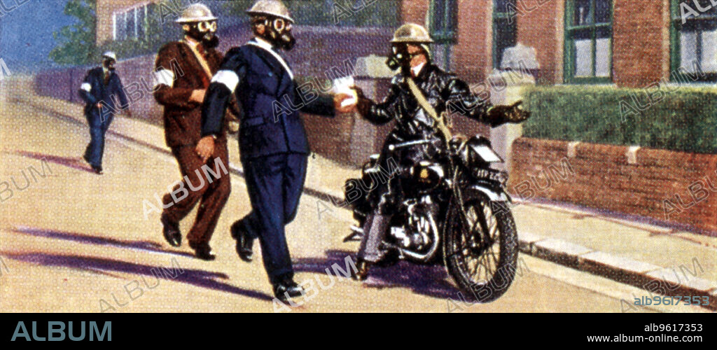 Air Raid Precautions, cigarette card, British, 1938. Air Raid Wardens wearing tin helmets and gasmasks (respirators) and siren suits, with a volunteer dispatch rider on a motorcycle. One of a set of 50 cards issued by WD & HO Wills in preparation for the anticipated coming of World War II.
