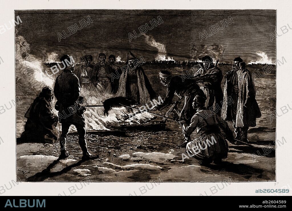 THE WAR BETWEEN SERBIA AND BULGARIA, 1886: CHRISTMAS IN CAMP AT NISCH, "ROAST PORK".